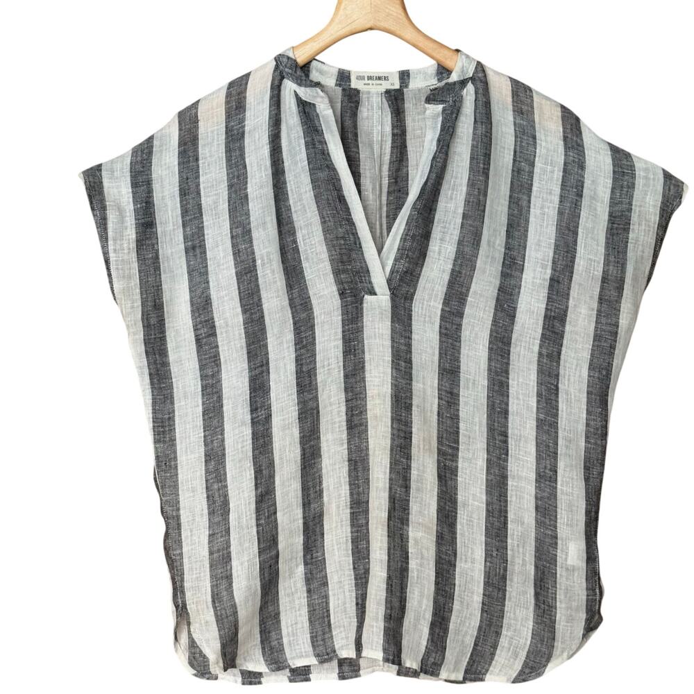 4Our Dreamers Gray White Vertical Stripe 100% Linen Pullover Shirt Blouse XS